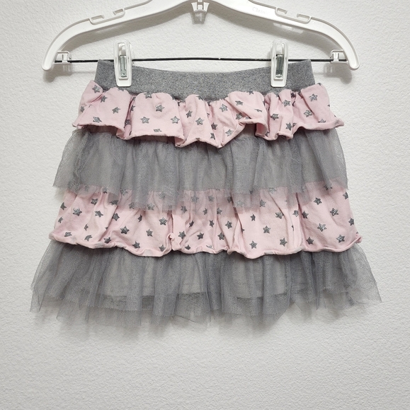 Light pink and gray sparkly star print tulle tiered skirt kids 8